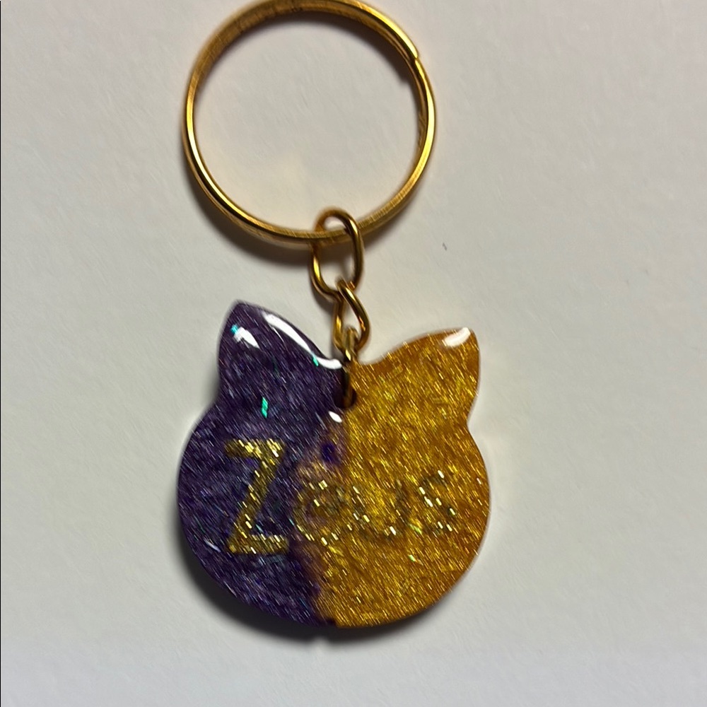 Purple and Gold Glitter Cat Keyring 🆔 tag